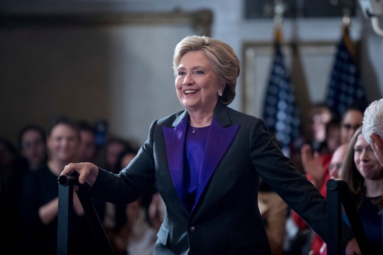 Hillary Clinton arrives to speak to staff and supporters at the New Yorker Hotel in New York, Wednesday, Nov. 9, 2016, where she conceded her defeat to Republican Donald Trump after the hard-fought presidential election. (AP Photo/Andrew Harnik)