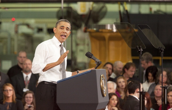 ARDEN, NC  - FEBRUARY 13:  U.S. President Barack Obama delivers remarks on the economy at Linamar Corporation on February 13, 2013 in Arden, North Carolina.  President Obama delivered the remarks at the North Carolina auto components manufacturing plant following his State of the Union speech on Tuesday.  (Photo by John W. Adkisson/Getty Images)