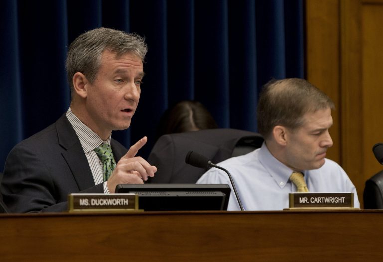 House subcommittee on Economic Growth, Job Creation, and Regulatory Affairs ranking member Rep. Matt Cartwright, D-Pa., left, and subcommittee chairman Rep. Jim Jordan, R-Ohio, participate in the subcommittee's hearing on Capitol Hill in Washington, Thursday, Feb. 6, 2014, to investigate the Justice Department's investigation into the IRS abuse scandal. AP Photo/Pablo Martinez Monsivais)