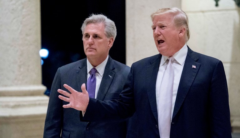 After conservative lawmakers talked with President Trump (pictured right) about making a spending deal, House Majority Leader Kevin McCarthy, R-Calif., (pictured left) said after the meeting: 