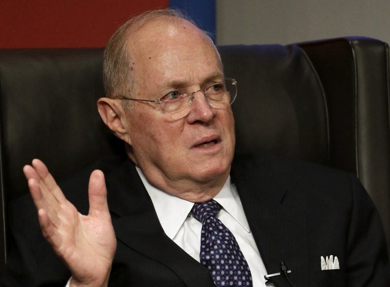 Supreme Court Justice Anthony Kennedy speaking in Philadelphia. The Supreme Court on Wednesday said a federal law limits how much money victims of child pornography can recover from people who viewed their Images online, throwing out a nearly $3.4 million judgment in favor of a woman whose childhood rape has been widely seen on the Internet. (AP Photo/Matt Slocum)