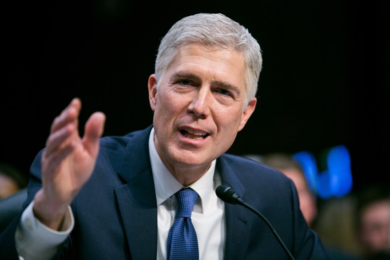 Supreme Court Justice nominee Neil Gorsuch speaks on Capitol Hill in Washington. (Graeme Jennings/Examiner)