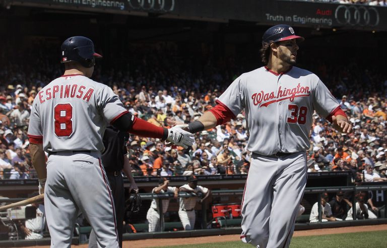 Washington Nationals' Michael Morse (38) is congratulated by Danny Espinosa after scoring against the San Francisco Giants during the fifth inning of a baseball game in San Francisco, Wednesday, Aug. 15, 2012. The Nationals won 6-4. (AP Photo/Jeff Chiu)