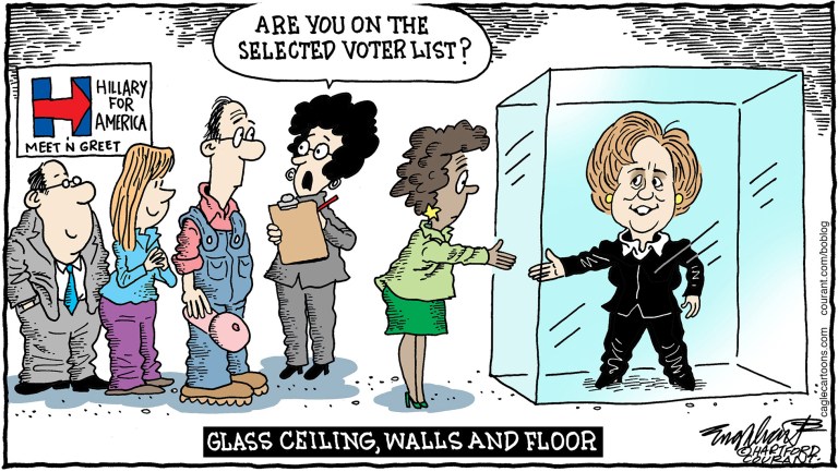 Editorial cartoon: Glass ceiling, walls and floor
