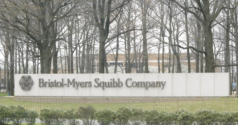 A sign outside Bristol-Myers Squibb offices in New Jersey. The pharmaceutical company reported a fourth-quarter loss after a $2.9 billion charge related to the GOP tax overhaul. (Christopher Barth/ Bloomberg News)