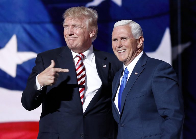Republican presidential candidate Donald Trump, points toward Republican vice presidential candidate Indiana Gov. Mike Pence.