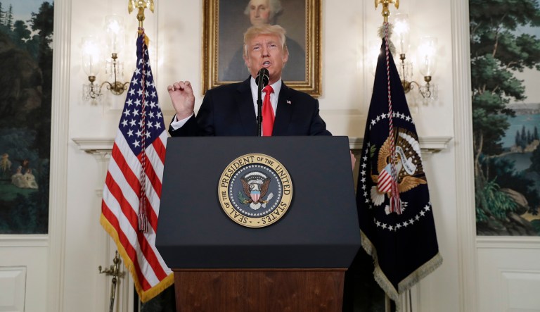 President Donald Trump speaks in the Diplomatic Reception Room of the White House in Washington, Monday, Aug. 14, 2017. (AP Photo/Evan Vucci)