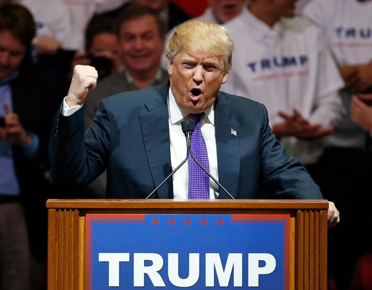 Republican presidential candidate Donald Trump speaks at a campaign rally Monday, Feb. 22, 2016, in Las Vegas. (AP Photo/John Locher)