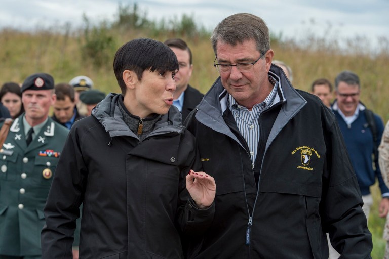 Secretary of Defense Ash Carter and Norwegian Minister of Defense Ine Marie Eriksen Soreide talk during a meeting at Bodo Air Base, Norway, Sept. 9, 2016. (Tech. Sgt. Brigitte N. Brantley/Department of Defense photo)