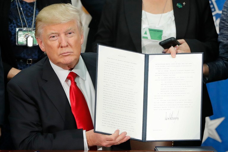 President Trump signed an executive order for border security and immigration enforcement improvements. The executive order explicitly banned immigrants from Iran, Iraq, Libya, Syria, Somalia, Sudan and Yemen for at least 90 days. (AP Photo/Pablo Martinez Monsivais)