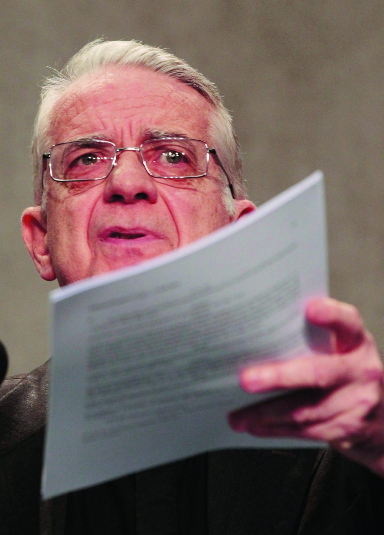 Vatican spokesman Father Federico Lombardi meets with journalists at the Vatican, Monday, Aug. 13, 2012. A Vatican judge on Monday ordered the pope's butler and a fellow lay employee to stand trial in the scandal of pilfered documents from Pope Benedict XVI's private apartment. The indictment accused Paolo Gabriele, the butler under arrest at the Vatican since May, of grand theft. (AP Photo/Gregorio Borgia)