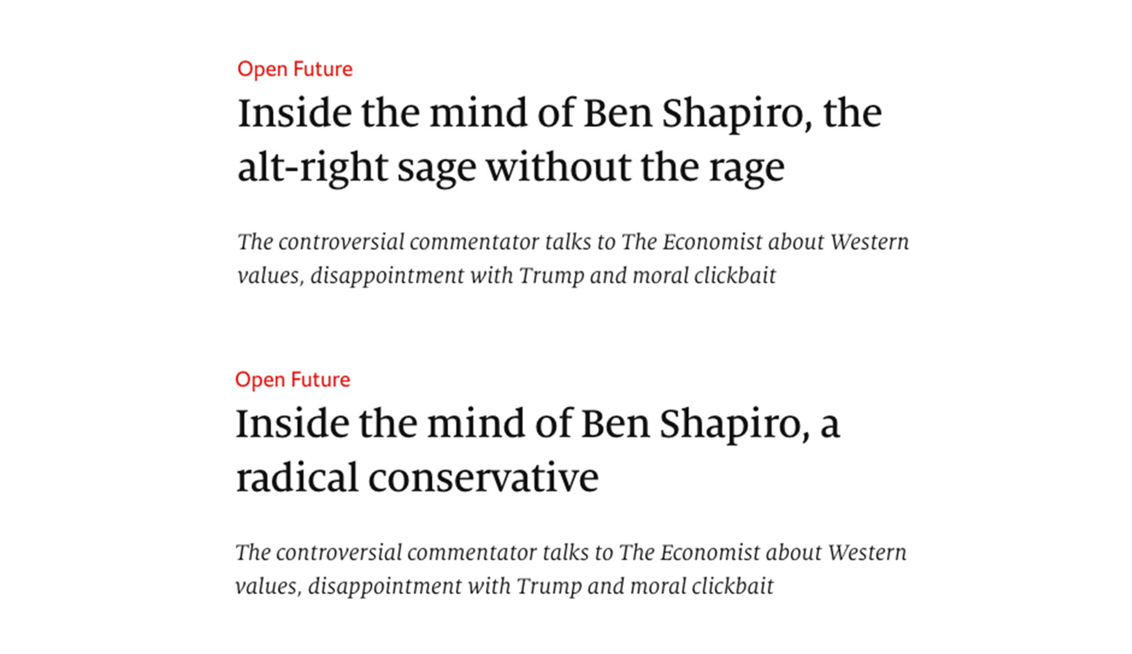 This image show The Economist's headline before (top) and after (bottom) the change.