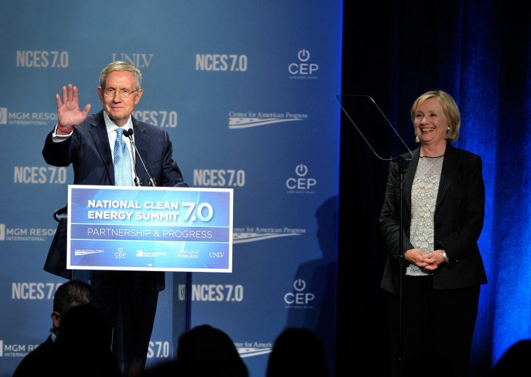 Senate Majority Leader Harry Reid and former Secretary of State Hillary Clinton attend the National Clean Energy Summit 7.0 at the Mandalay Bay Convention Center on September 4, 2014 in Las Vegas, Nevada.  (Photo by David Becker/Getty Images for National Clean Energy Summit)