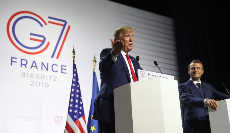President Donald Trump and French President Emmanuel Macron participate in a joint press conference at the G-7 summit in Biarritz, France, Monday, Aug. 26, 2019. 