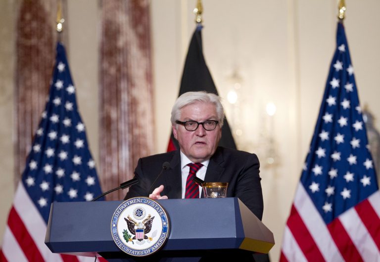 German Foreign Minister Frank-Walter Steinmeier speaks during a joint news conference with Secretary of State John Kerry, after a private meeting, Thursday Feb. 27,  2014, at the State Department in Washington.  (AP Photo/Jose Luis Magana)