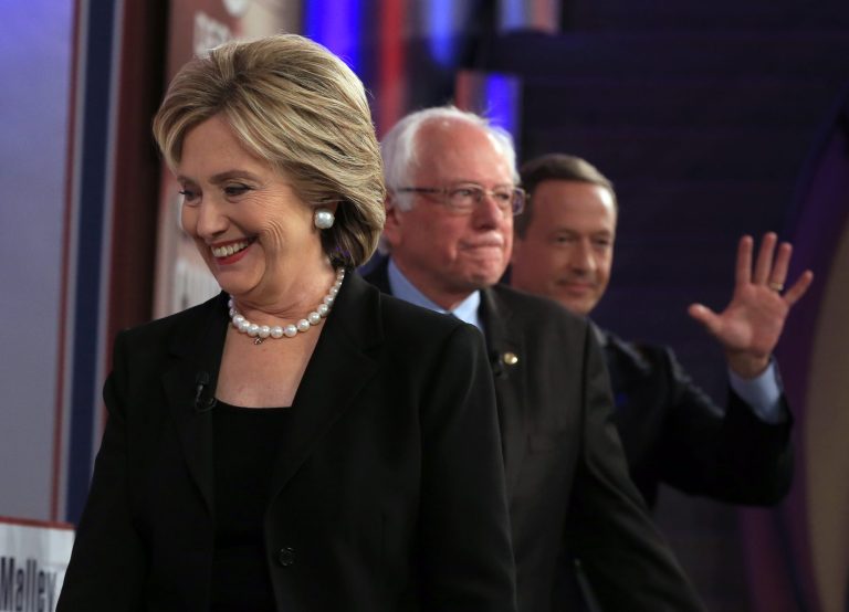 Democratic presidential candidates Hillary Rodham Clinton, Bernie Sanders and Martin O'Malley take the stage during the second Democratic presidential primary debate. (AP Photo/Nati Harnik)