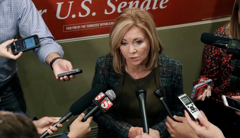 Republican Senate hopeful Rep. Marsha Blackburn answers questions during a campaign stop Wednesday, Oct. 17, 2018, in Franklin, Tenn.