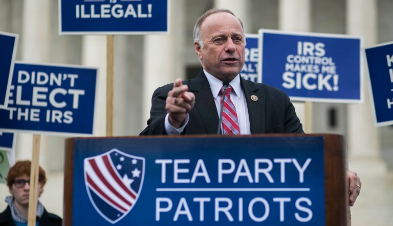 Congressman Steve King,R-IA, speaks at a rally outside the Supreme Court in Washington, Wednesday, March 4, 2015, as the court heard arguments in the King v. Burwell case, which questions the legality of subsidies for health insurance plans sold through federal exchanges.