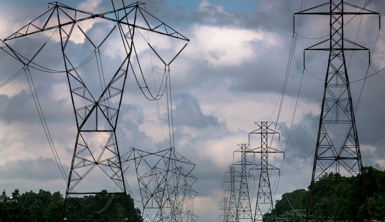 Transmission towers near the Dominion Power Substation in Loudoun County, Virginia