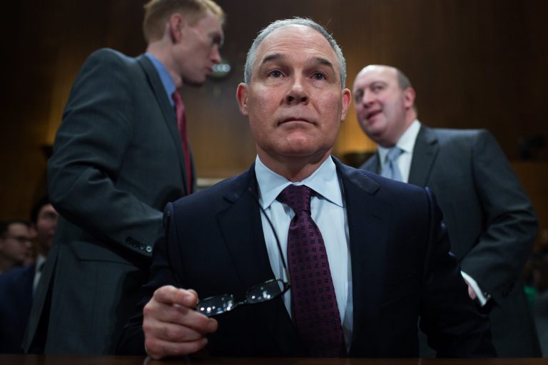 Environmental Protection Agency Administrator-designate Scott Pruitt arrives on Capitol Hill, Wednesday, Jan. 18, 2017, to testify at his confirmation hearing before the Senate Environment and Public Works Committee.