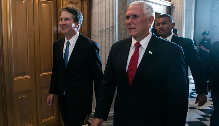 Vice President Mike Pence, right, and Supreme Court nominee Brett Kavanaugh arrive at the U.S. Capitol on July 10, 2018 in Washington, DC. U.S. President Donald Trump nominated Kavanaugh to succeed retiring Supreme Court Associate Justice Anthony Kennedy.