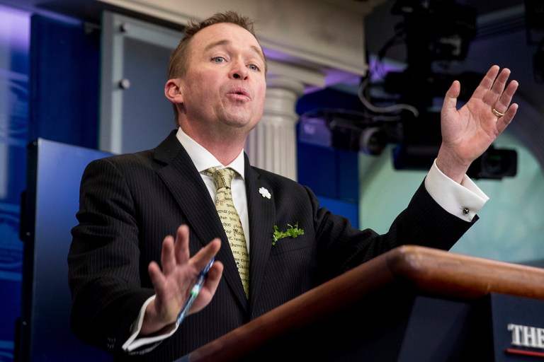 Budget Director Mick Mulvaney said that President Trump's campaign promise to eliminate the $20 trillion national debt was hyperbole. (AP Photo/Andrew Harnik)
