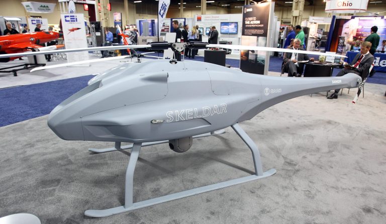 LAS VEGAS, NV - AUGUST 9:  A model of a Saab Skeldar V-200 unmanned helicopter is on display at the Unmanned Systems North America trade show at the Mandalay Bay Convention Center on August 9, 2012 in Las Vegas, Nevada.  (Photo by Isaac Brekken/Getty Images)