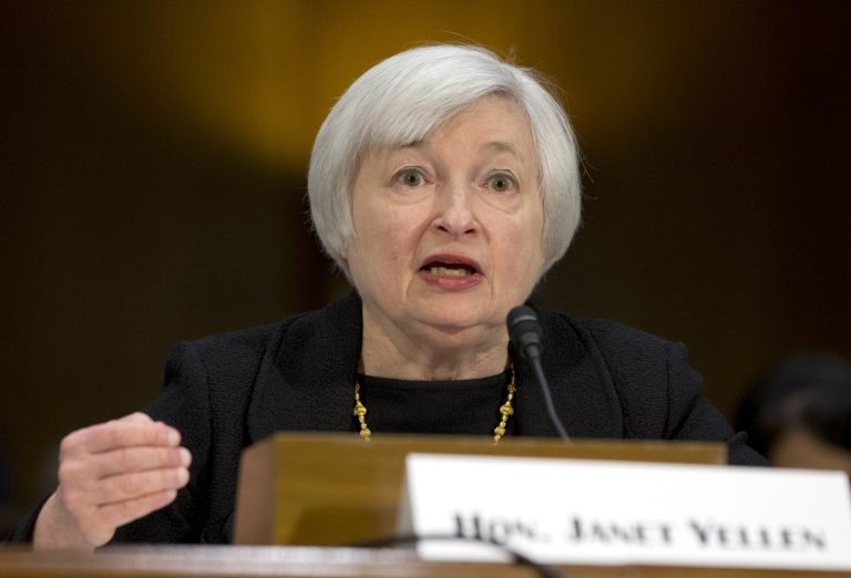 FILE - In this Nov. 14, 2013, file photo, Federal Reserve Board Chair nominee Janet Yellen testifies on Capitol Hill in Washington before the Senate Banking Committee hearing on her nomination. Yellen will deliver the Fed's twice-annual report to Congress, starting Tuesday, Feb. 11, 2014 before the House Financial Services Committee and then Thursday, Feb. 13, 2014, before the Senate Banking Committee. (AP Photo/Jacquelyn Martin, File)
