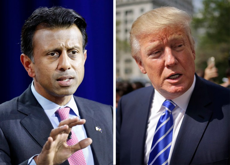 Louisiana Gov. Jindal (left) will move to tar fellow Republican presidential candidate Donald Trump as an unserious candidate who is out for himselfÂ and could squander a big opportunity for Republicans to reset the course of the country.Â (AP Photos)