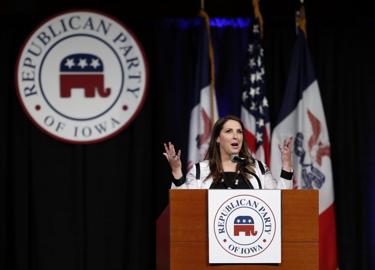 Republican National Committee Chairwoman Ronna Romney McDaniel speaks during the Republican Party of Iowa's annual Reagan Dinner, Wednesday, Nov. 8, 2017, in Des Moines, Iowa. (AP Photo/Charlie Neibergall)