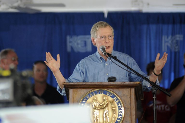 U.S. Sen. Mitch McConnell, R-KY, faces angry conservatives in his state for not joining an effort by some in his party to block the federal budget unless it defunds Obamacare. (AP/Stephen Lance Dennee)