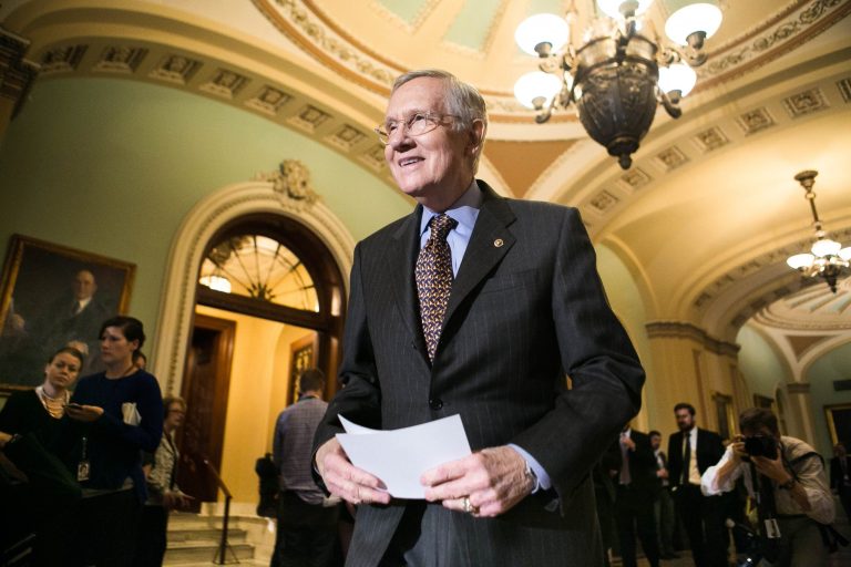 Senate Minority Leader Harry Reid, D-Nev., makes his way to a press conference on Capitol Hill, Tuesday, October 6th, 2015, following a Senate Democratic policy luncheon meeting. (Graeme Jennings/Washington Examiner)