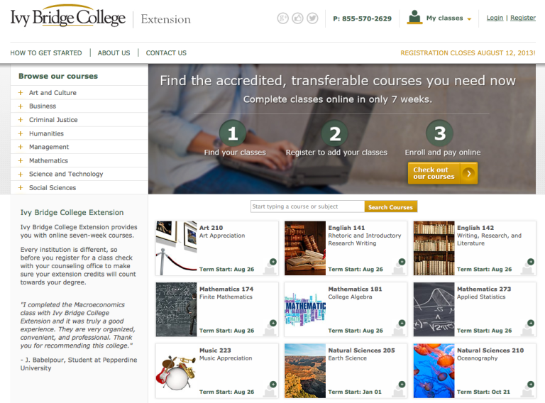 Ivy Bridge College was an online community college that offered an associates degree program that promised students an automatic transfer to one of over 150 traditional four-year institutions.