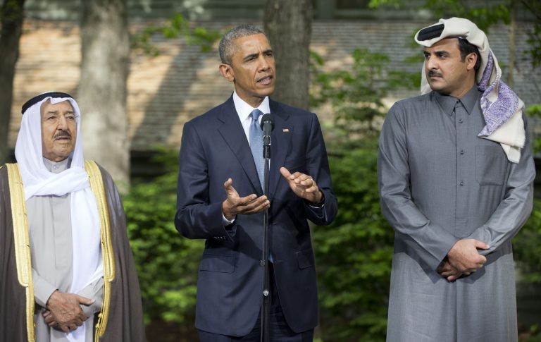 President Obama, with Kuwaiti Emir Sheikh Sabah Al-Ahmad Al-Sabah, left, and Qatar's Emir Sheikh Tamim bin Hamad Al-Thani, right, as he makes a statement to members of the media after meeting with Gulf Cooperation Council leaders and delegations at Camp David in Maryland, Thursday, May 14, 2015. (AP)
