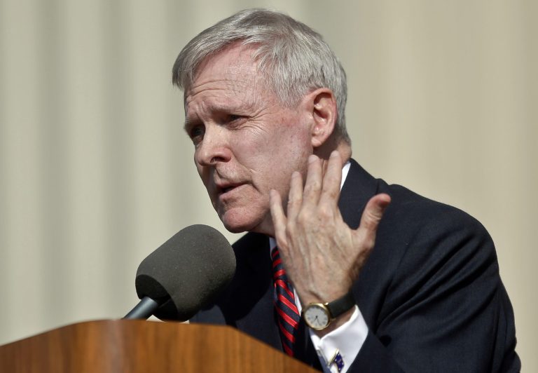 FILE - In this Jan. 9, 2014 file photo, Secretary of the Navy Ray Mabus speaks to workers at the General Dynamics NASSCO shipyard in National City, Calif. Mabus said Monday, June 2, 2014 during a visit to Rhode Island, that he is considering a plan to ban tobacco sales on U.S. Navy ships, and at retail stores on Navy and Marine Corps bases. The Navy Department, which includes the Marine Corps, would be the first military branch to prohibit tobacco sales.   (AP Photo/Lenny Ignelzi, FIle)