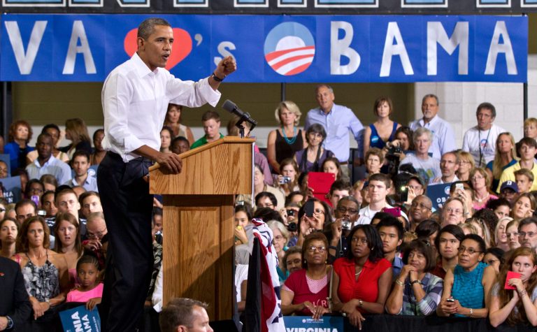President Barack Obama holds a campaign rally at Centreville High School. Virginia is a crucial swing state that Obama won four years ago, and minority turnout could determine the outcome in the state. (AP photo)