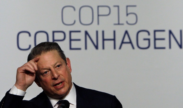 Former U.S. Vice President Al Gore gestures as he joins cabinet ministers from Nordic countries for discussion on Greenland's ice sheet at the UN Climate summit in Copenhagen, Denmark, Monday, Dec. 14, 2009. With a week for the climate summit to end, the split between the developing and developed world became sharper as ministers of the world's nations started to arrive for a crucial second week of climate talks. (AP Photo/Anja Niedringhaus)