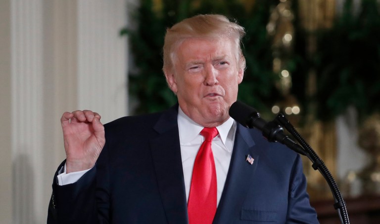 President Donald Trump speaks before bestowing the nation's highest military honor, the Medal of Honor, to retired Army medic James McCloughan during a ceremony in the East Room of the White House, Monday, July 31, 2017, at Washington. McCloughan is credited with saving the lives of members of his platoon nearly 50 years ago in the Battle of Nui Yon Hill in Vietnam. (AP Photo/Alex Brandon)