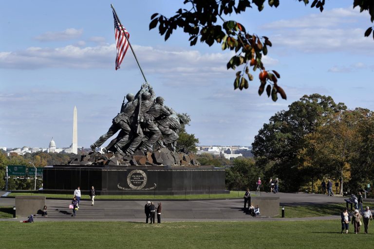 The Marine Corps turns 237 years old on Saturday. The service is commemorated in the Iwo Jima Memorial, also known as the U. S. Marine Corps War Memorial, in Arlington, Va. (AP Photo/Jacquelyn Martin)