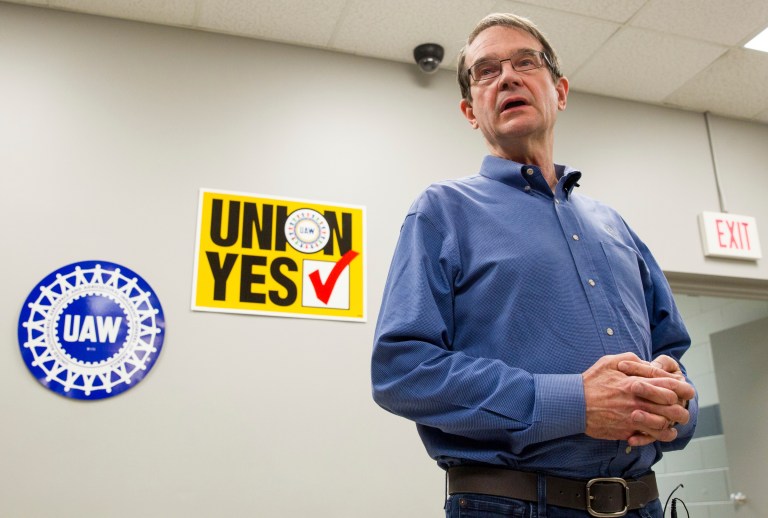 United Auto Workers President Bob King discusses the union's defeat in an election at the Volkswagen plant in Chattanooga, Tenn., on Feb. 14. (AP Photo/Erik Schelzig)