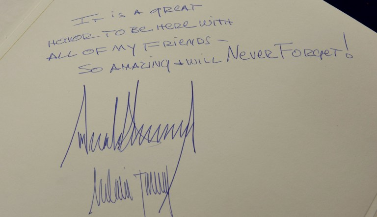 The message written in the Yad Vashem Holocaust Museum guestbook by President Trump and his wife Melania, in Jerusalem, Israel, Tuesday, May 23, 2017. (Debbie Hill, UPI Pool via AP)