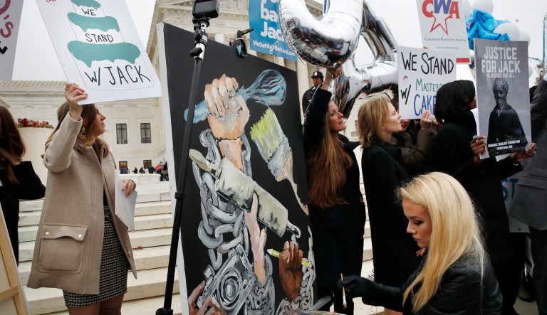 The justices heard oral arguments in Masterpiece Cakeshop's fight against the Colorado Civil Rights Commission on Tuesday. (AP Photo/Jacquelyn Martin)