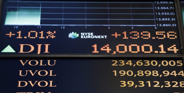 A screen on the trading floor of the New York Stock Exchange, Friday, Feb. 1, 2013, shows the Dow Jones industrial average above 14,000 for the first time since October 2007. Evidence that the U.S. economic recovery is firmly on track drove markets higher on Friday, adding to the cheer from good economic indicators out of Europe.(AP Photo/Richard Drew)