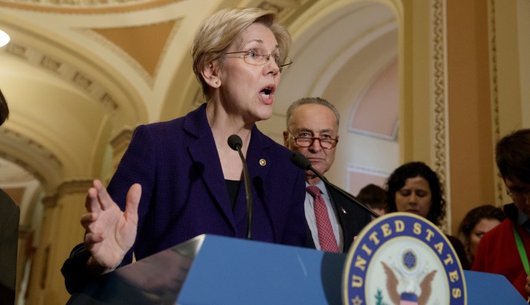 The Democrats' repeal bill, sponsored by Sens. Elizabeth Warren (pictured) and Sherrod Brown, would force the 27 states that have the laws to allow unions to demand regular payments even from non-member workers. (AP Photo/J. Scott Applewhite)