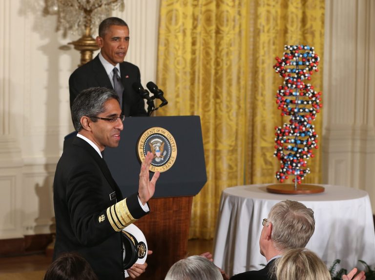 President Obama introduces Surgeon General Vivek Hallegere Murthy during an event to highlight investments in precision medicine. (Photo by Mark Wilson/Getty Images)