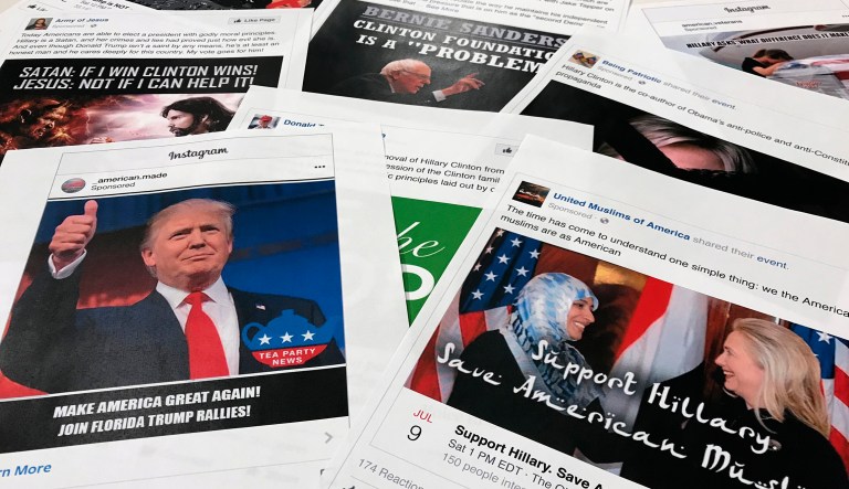 Some of the Facebook and Instagram ads linked to a Russian effort to disrupt the American political process and stir up tensions around divisive social issues, released by members of the U.S. House Intelligence committee, are photographed in Washington, on Wednesday, Nov. 1, 2017. The ads, dozens of which were disclosed for the first time, were released as representatives of leading social media companies faced criticism on Capitol Hill about why they hadn't done more to combat Russian interference on their sites and prevent foreign agents from meddling in last year's election. 
