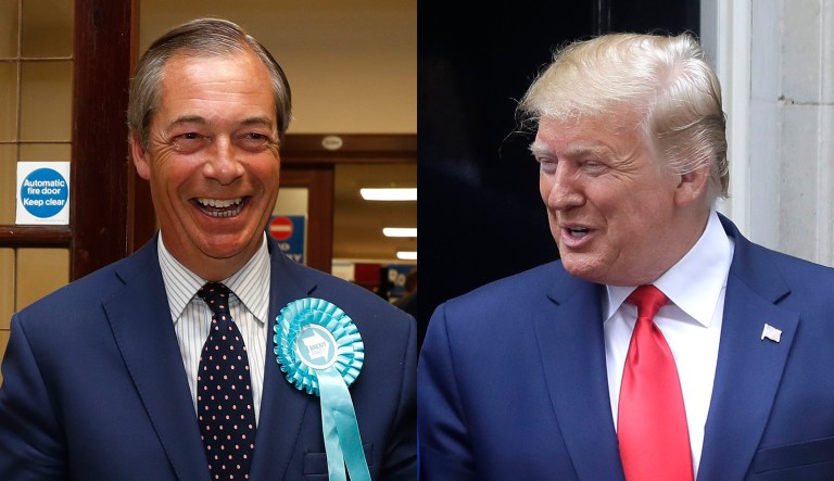 Nigel Farage and President Trump are shown.