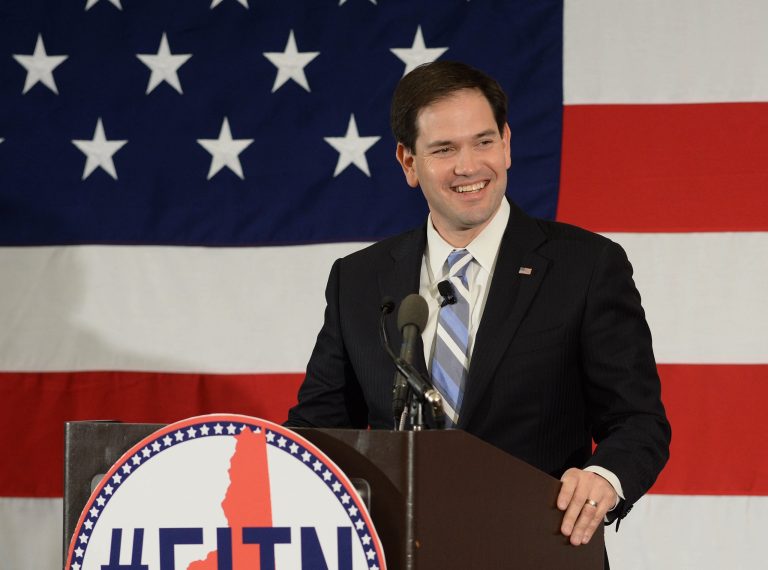 NASHUA, NH - APRIL 17: Republican presidential candidate Sen. Marco Rubio, R-Fla., speaks at the First in the Nation Republican Leadership Summit April 17, 2015 in Nashua, New Hampshire. The Summit  brought together local and national Republicans and was attended by all the Republicans candidates as well as those eyeing a run for the nomination. (Photo by Darren McCollester/Getty Images) *** Local Caption *** Marco Rubio