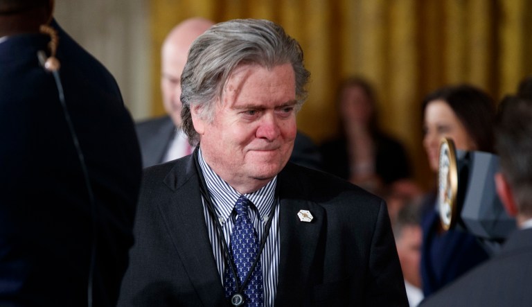 White House Chief Strategist Steve Bannon told a joke Tuesday and some people are very upset. (AP Photo/Evan Vucci)