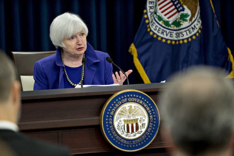 Janet Yellen, chair of the U.S. Federal Reserve, speaks during a news conference following a Federal Open Market Committee (FOMC) meeting in Washington, D.C., U.S., on Wednesday, Dec. 16, 2015. (AP Photo)